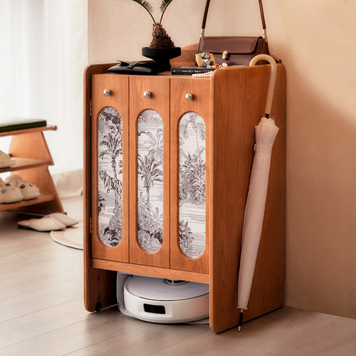 油画布扫地机柜置物架收纳柜樱桃木沙发边柜可移动云鲸柜实木柜子