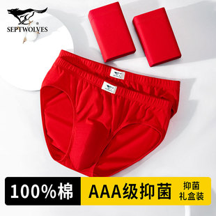 男生纯棉抗菌本命年属龙大红色结婚全棉短裤 三角裤 内裤 七匹狼男士