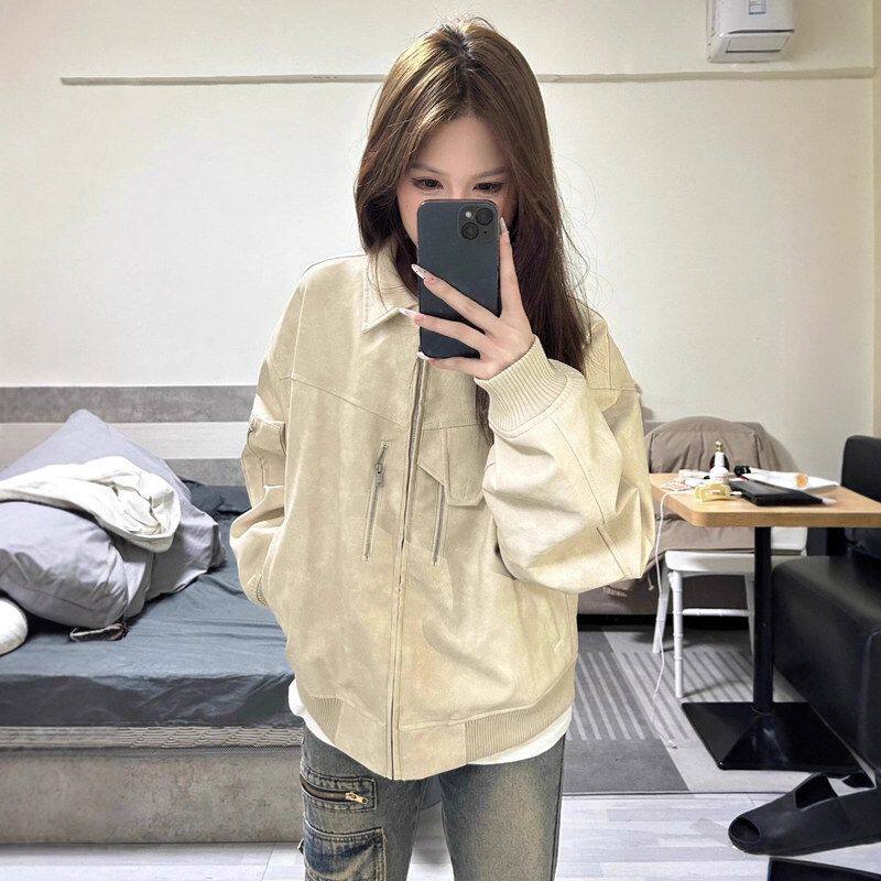 短款拉链复古夹克飞行员秋冬男上衣杏色外套潮牌美式垫肩