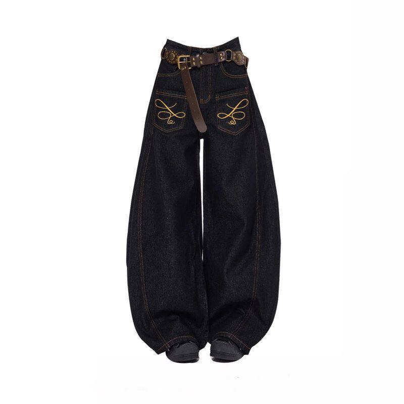 直筒反穿美式刺绣复古弯刀裤高腰黑色女款牛仔裤阔腿设计感宽松男