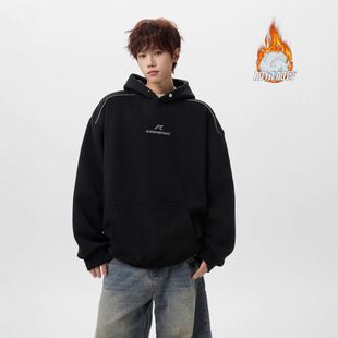 秋冬美式新款重磅加绒帽衫字母加厚连帽刺绣男生潮牌卫衣保暖外套