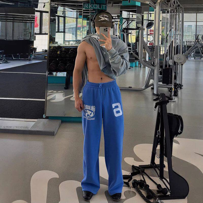 训练重磅运动直筒刺绣休闲裤子垂感卫裤字母美式健身男款阔腿长裤