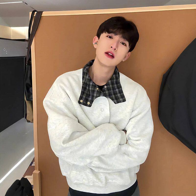 设计感格纹纽扣美式小众男外套情侣卫衣春秋季翻领上衣重磅高级感