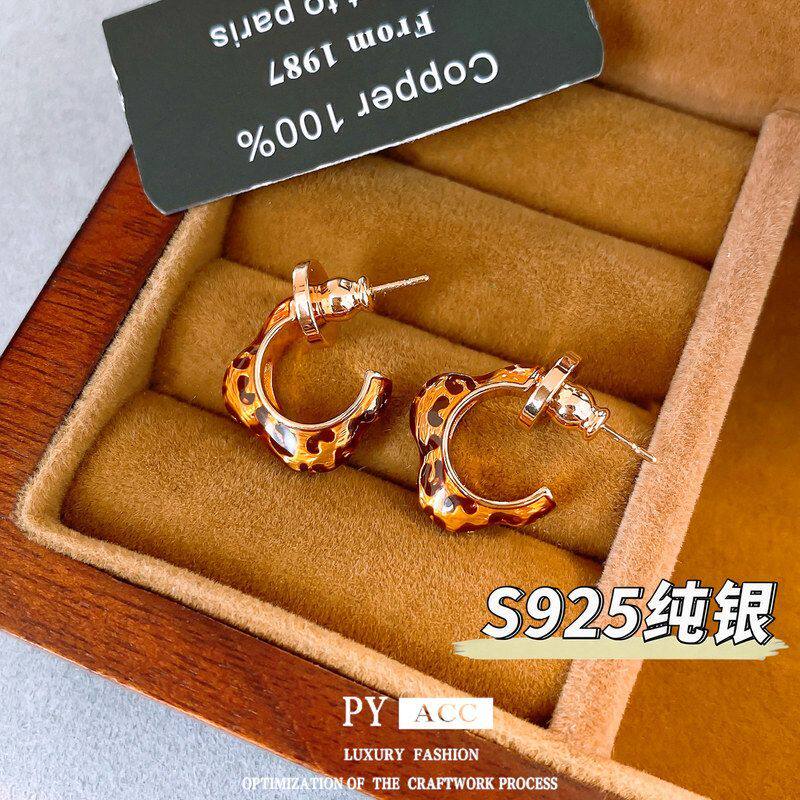 S925耳钉〗时尚豹纹纯银耳环〖