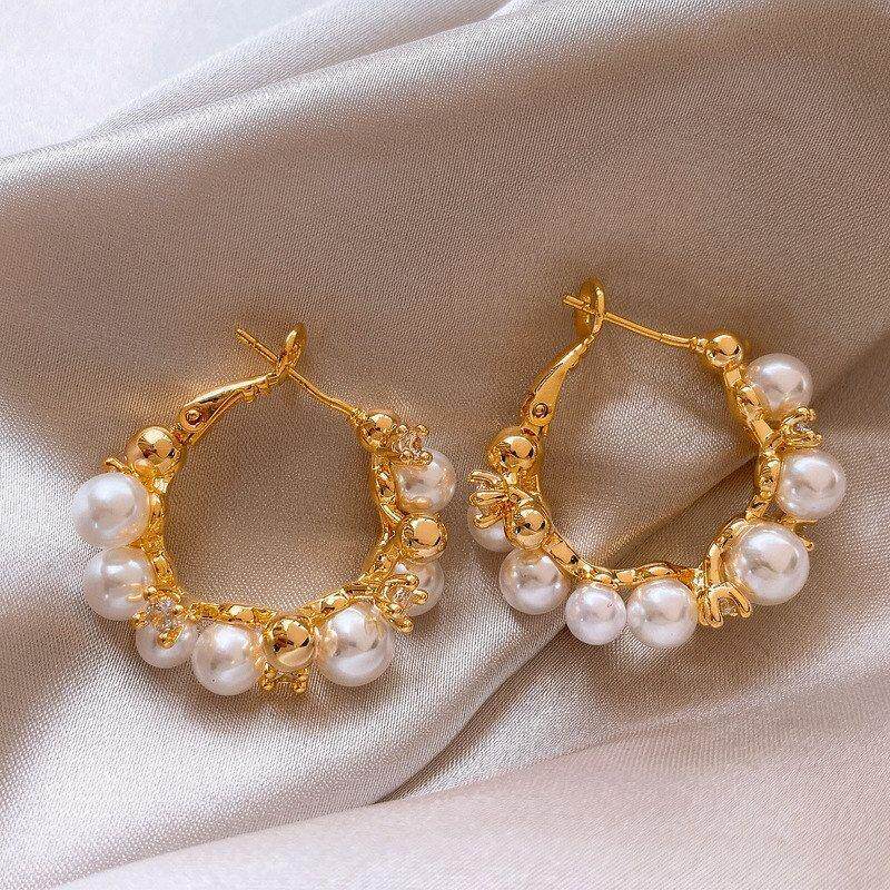 高级感金色适合新年珍珠圆脸夸张耳饰耳圈大圈圈耳钉耳环女的锆石