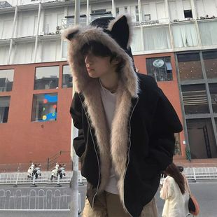 复古猫耳朵棉服c外套le座山雕美式男款棉衣anfit皮衣冬季毛领连帽