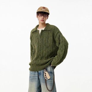 领风美式宽松情侣毛衣慵懒羊毛衫潮牌V麻花军绿色冬季针织衫男女