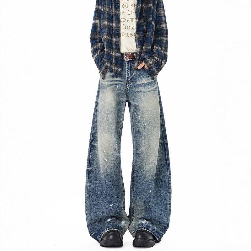 秋季美式裤小众子牛仔裤高街休闲阔腿水洗男长裤泼墨弯刀做旧复古