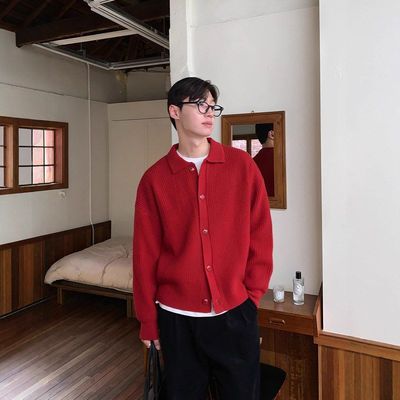 韩系东男士针织喜庆翻领大大门