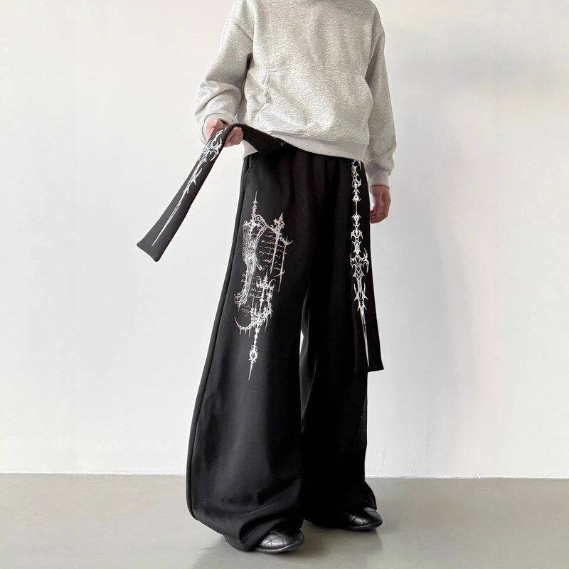 穿法弯刀飘带宽松慵懒轻亚风卫裤休闲图腾印花可拆多男阔腿裤宽松