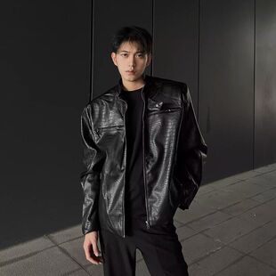 外套垫肩复古服小众痞帅夹克机车结构男款皮衣潮流纹设计鳄鱼夜店