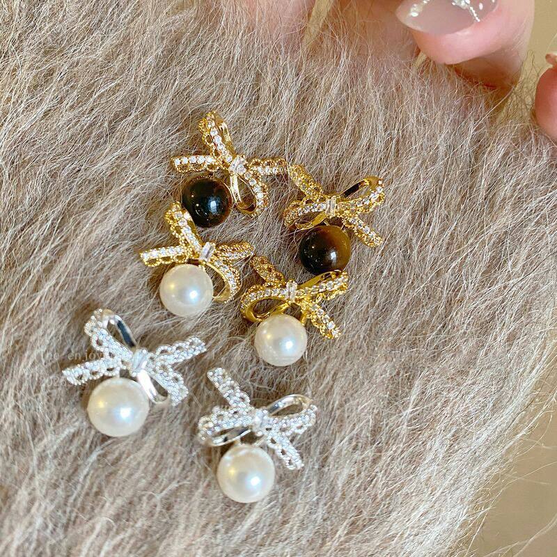 气质真金小众蝴蝶结设计感耳饰珍珠耳环电镀耳钉轻奢镶锆石高级感