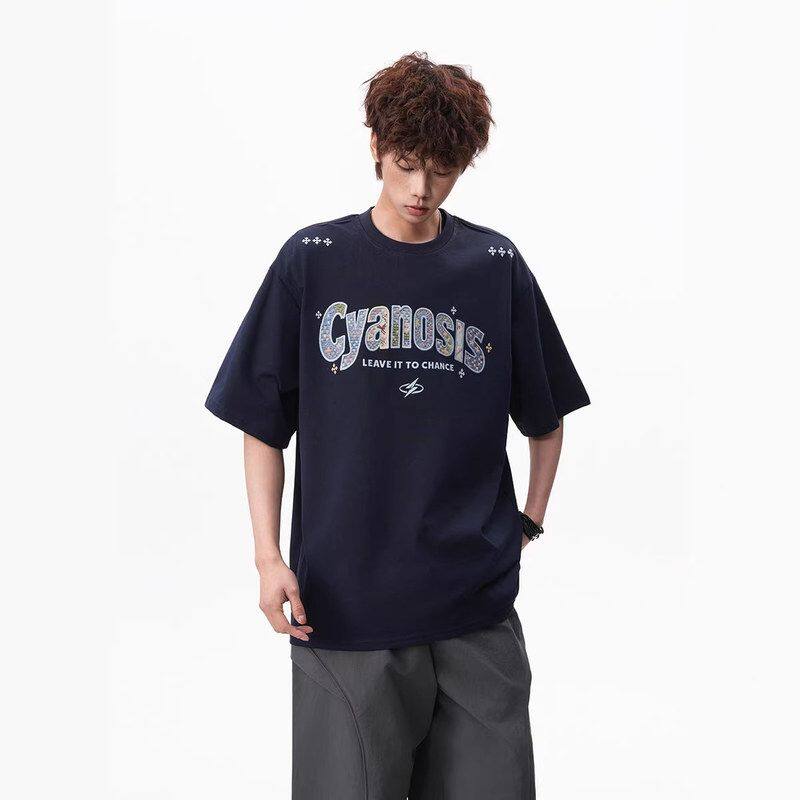 短袖美式男女五分袖高街情侣潮圆领宽松刺绣字母T恤夏季纯棉重磅