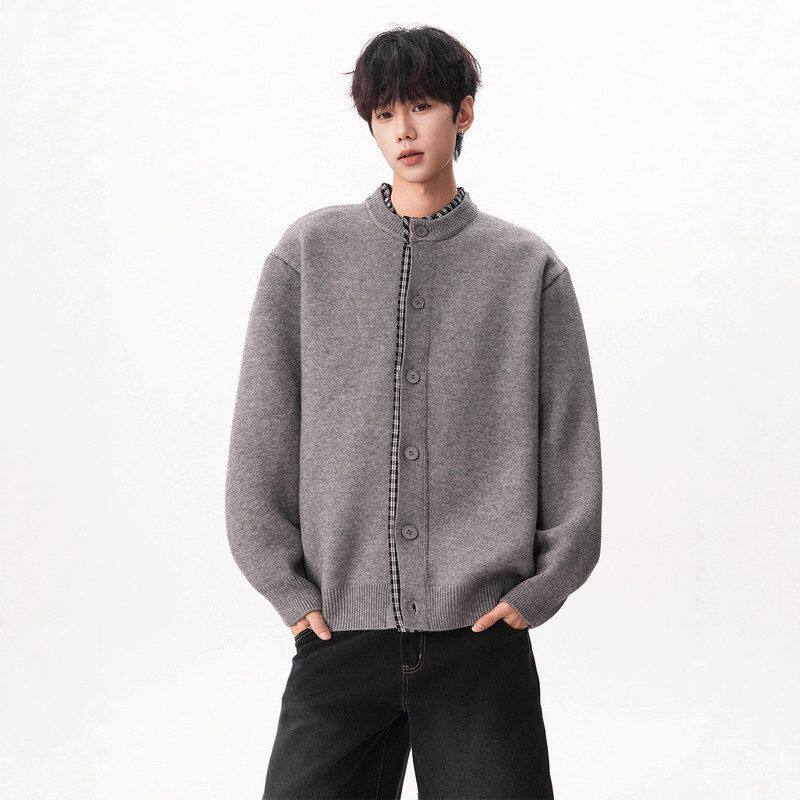 开衫高级感假两件宽松潮牌针织复古格纹美式男款毛衣外套休闲百搭