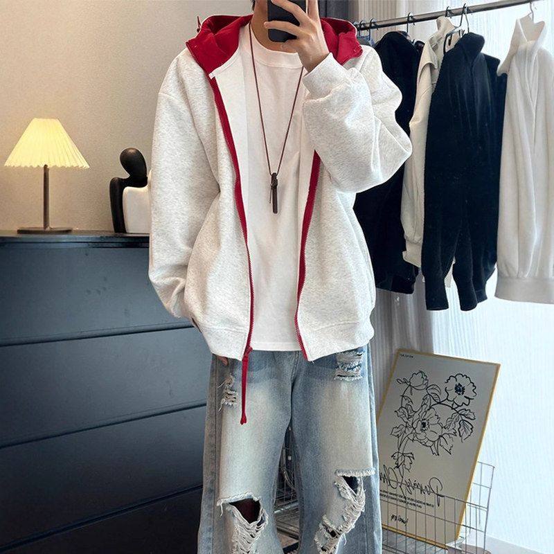 开衫花秋冬季卫衣加绒连帽外套情侣男款拼色灰色重磅夹克硬挺加厚