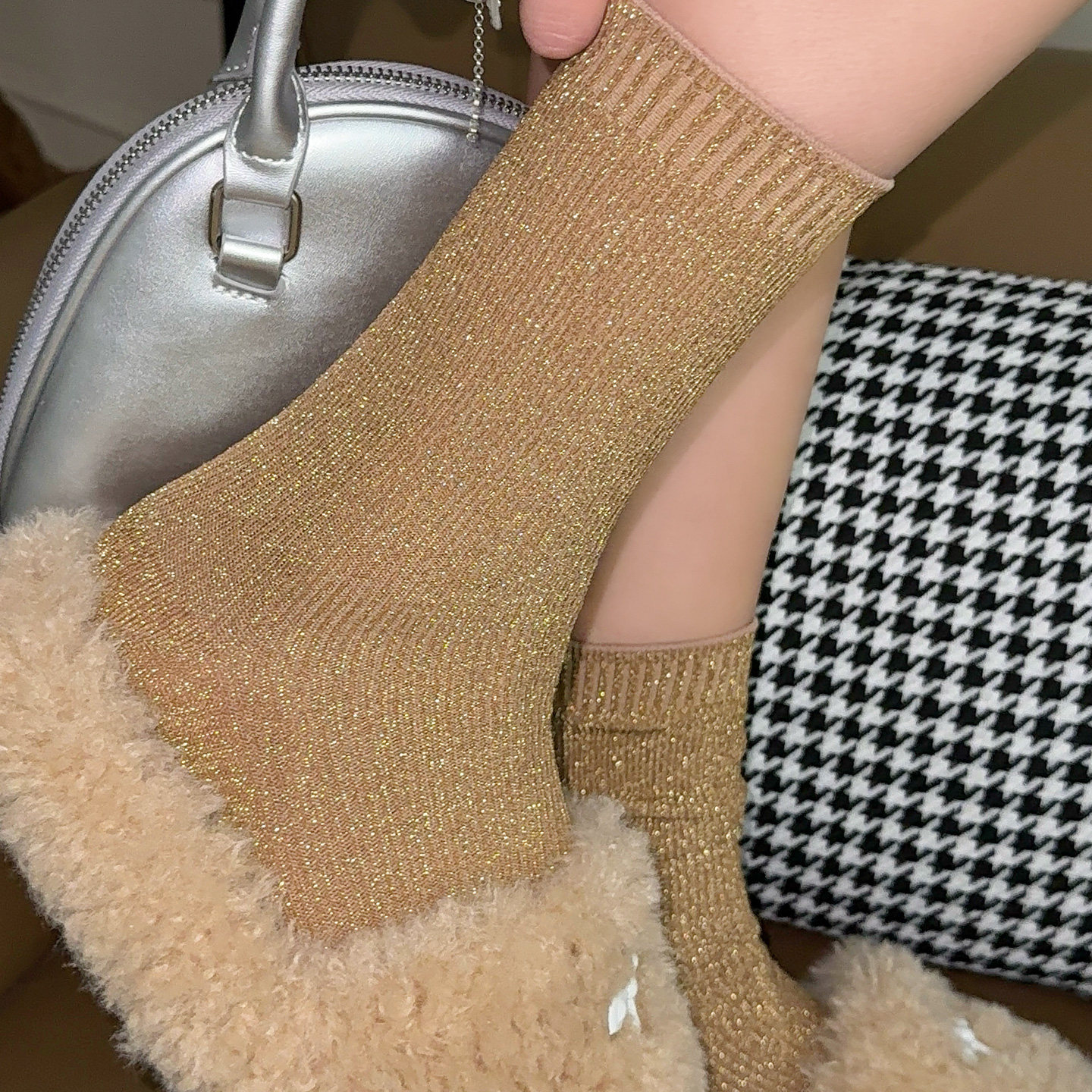 袜say 春夏金色袜子中筒袜子女网红ins潮欧货彩色纯色金色袜薄款