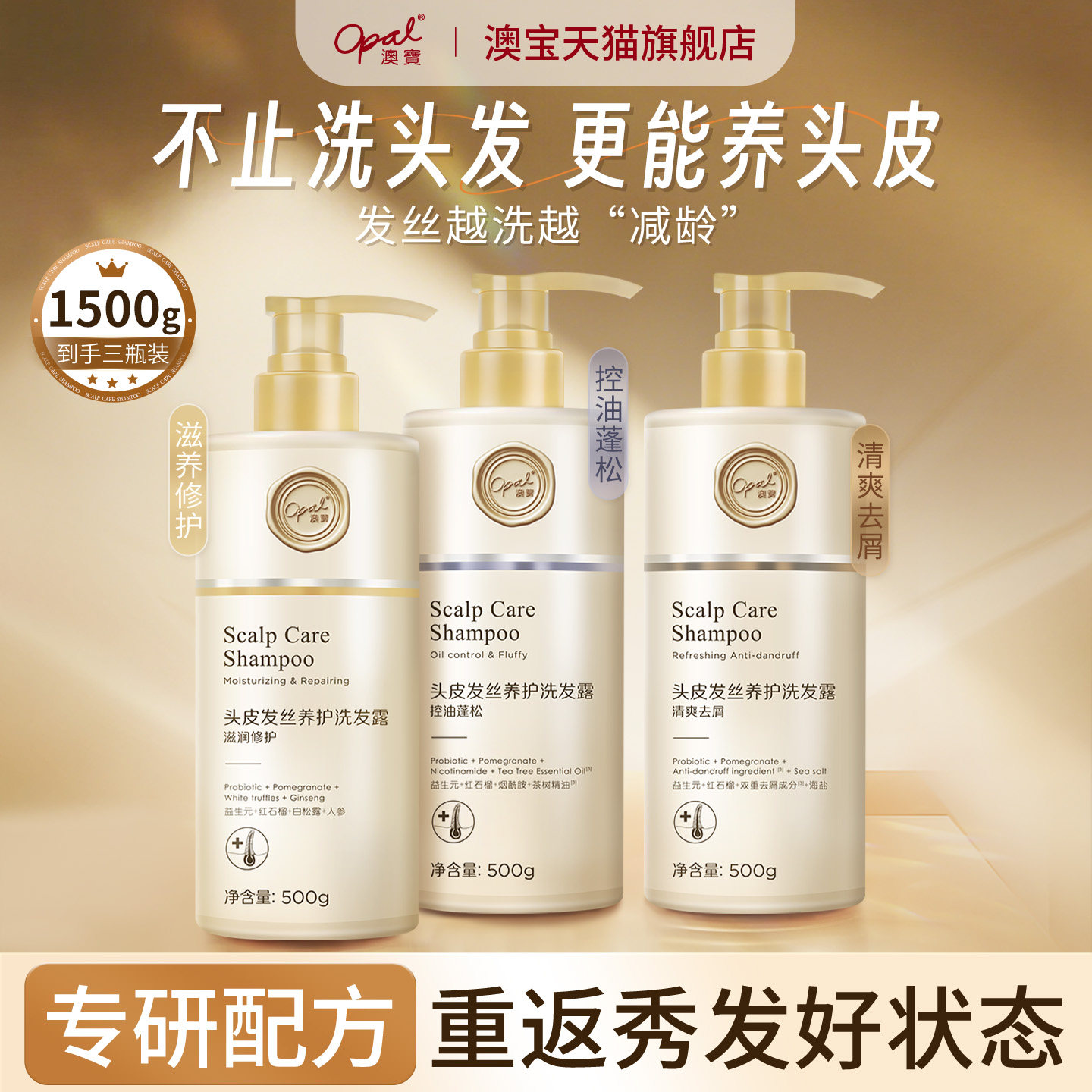 澳宝头皮发丝养护洗发露滋养清爽去屑控油蓬松洗发水500g*3瓶