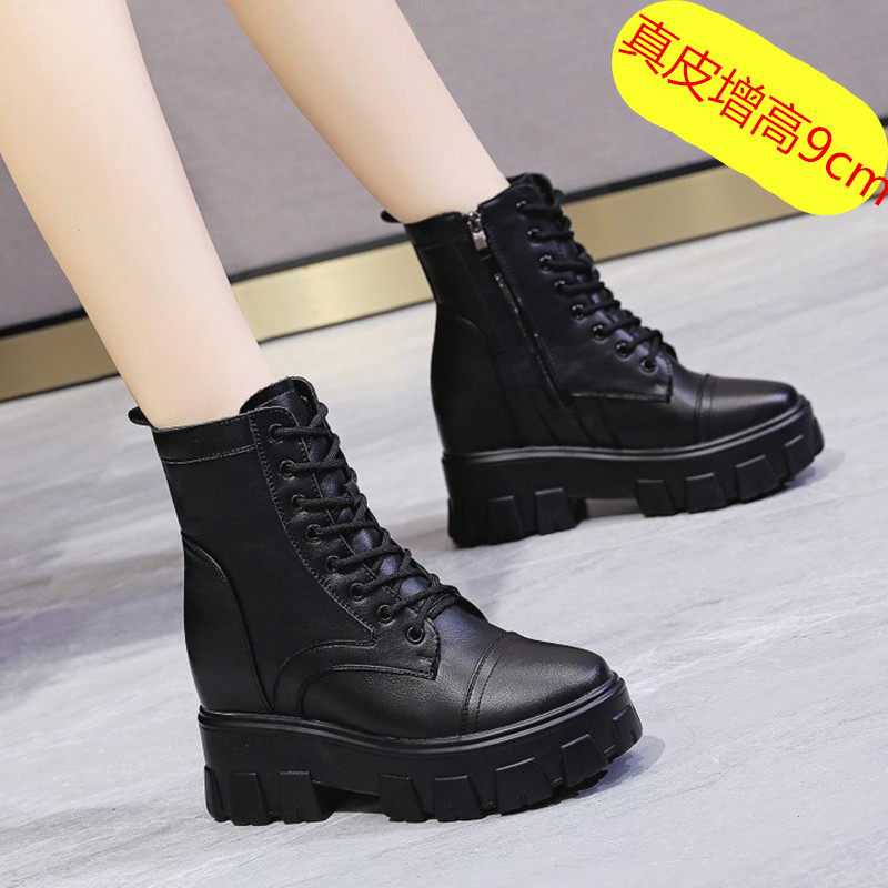 黑色松糕底短f靴内增高马丁靴女小个子10cm2021年新款短筒厚底靴