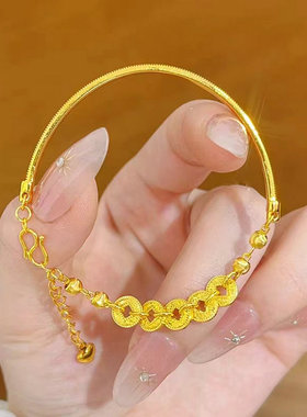 越南沙金五帝币手链女久不掉色淬冰冰五帝币拉丝转运珠手链送女友