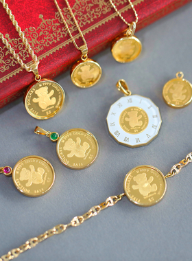 日本进口24K纯黄金泰迪熊Teddy Bear英女王纪念金币吊坠项链手链