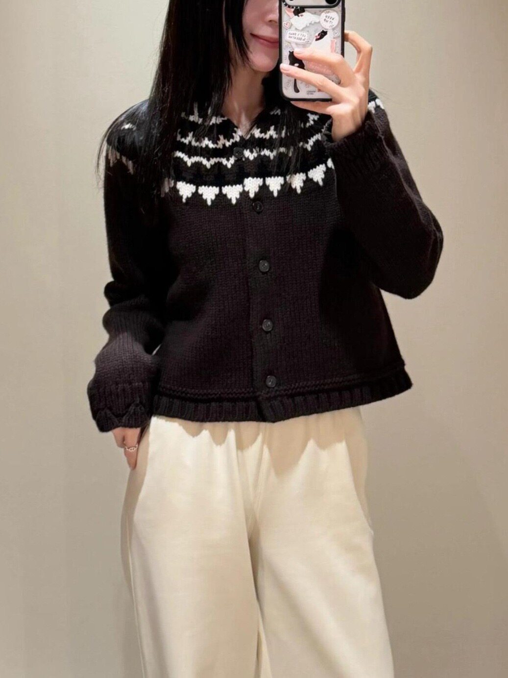 25秋冬新款C家修身版型费尔岛提花羊毛混纺开衫圆领毛衣棕色上衣