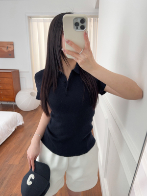 25春季新款MD学院风美式暗红色修身版薄款短袖羊毛针织POLO衫 女
