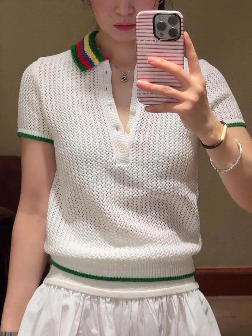 26夏季新拉夫亚麻针织POLO衫战马刺绣彩虹领镂空天丝短袖衫修身女