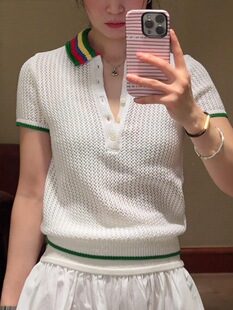 26夏季新拉夫亚麻针织POLO衫战马刺绣彩虹领镂空天丝短袖衫修身女