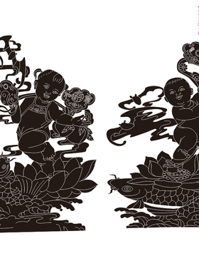 金童玉女线雕图童男童女21126童子福娃精雕图石雕墓碑古建筑木雕