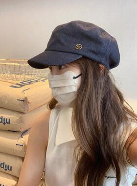 GREENHOUSES日系复古水洗做旧牛仔平顶帽女时尚百搭报童帽画家帽