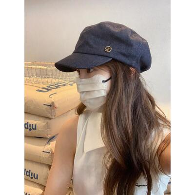 GREENHOUSES日系复古水洗做旧牛仔平顶帽女时尚百搭报童帽画家帽