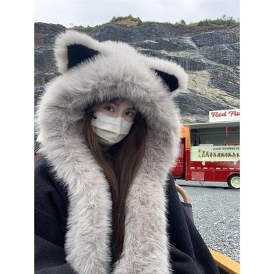 GREENHOUSES高级感加厚毛绒狐狸耳朵帽子围巾一体冬季防寒护耳帽