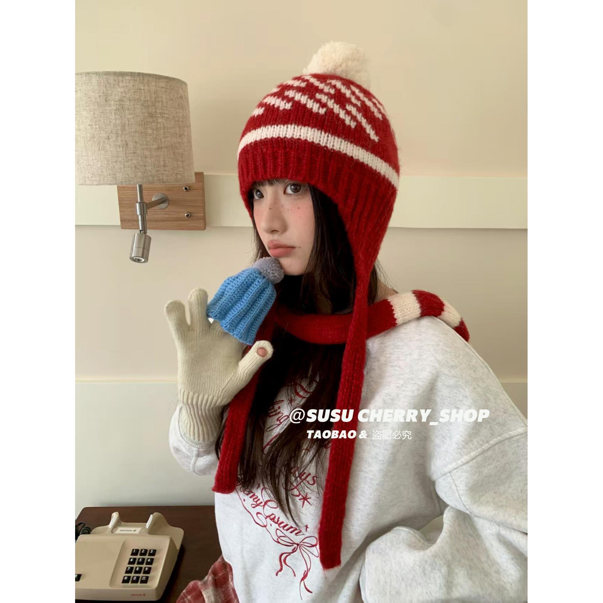 韩系风可爱撞色毛球费尔岛复古针织护耳飞行帽女冬显脸小毛线帽