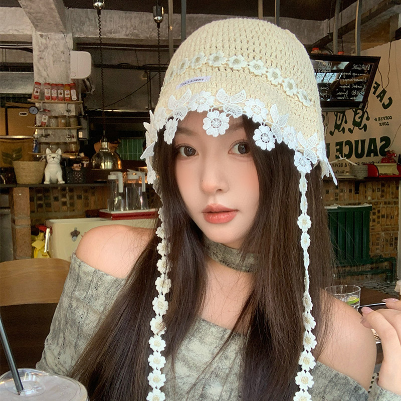 田园风甜美花朵镂空渔夫帽女夏季薄款透气显脸小盆帽百搭针织帽子