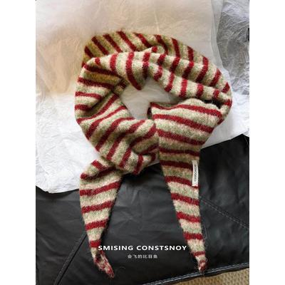 2025新款韩系条纹针织三角巾披肩女秋冬季时尚百搭多功能外搭坎肩