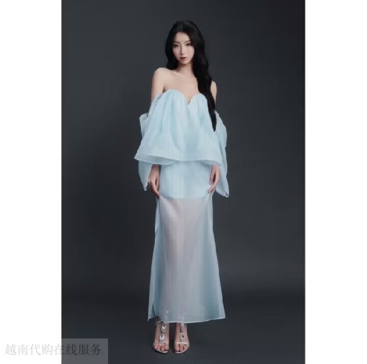 越十年越南小众topgirl新款抹胸一字大摆飘逸上衣同色系半裙套装