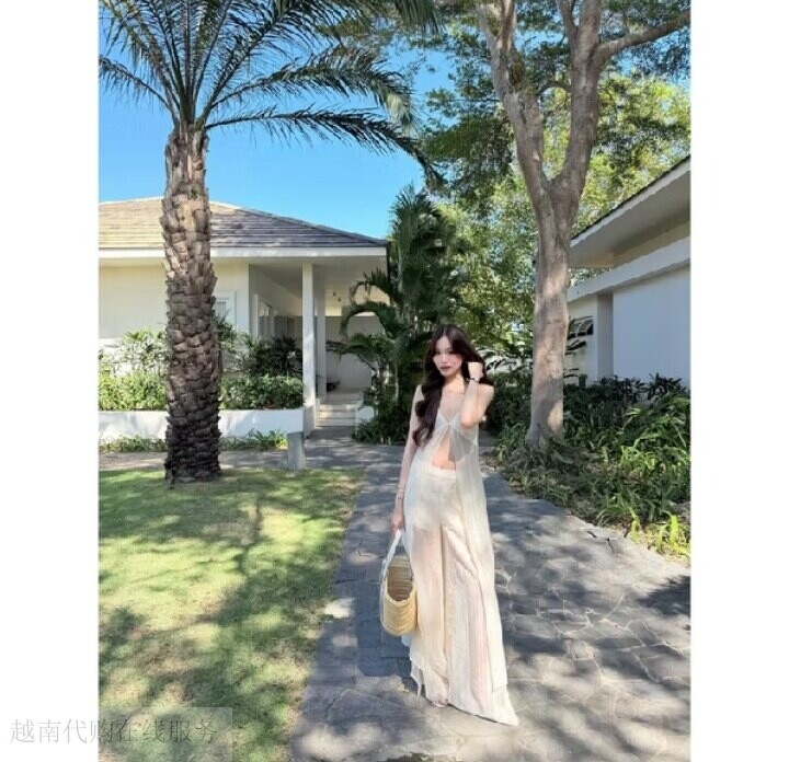 越十年越南小众rubies新款纯欲风长款吊带开衫高开叉阔腿长裤套装