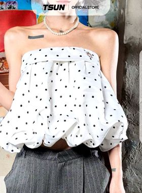 越十年越南小众Tsun新款性感甜美可爱抹胸波点上衣