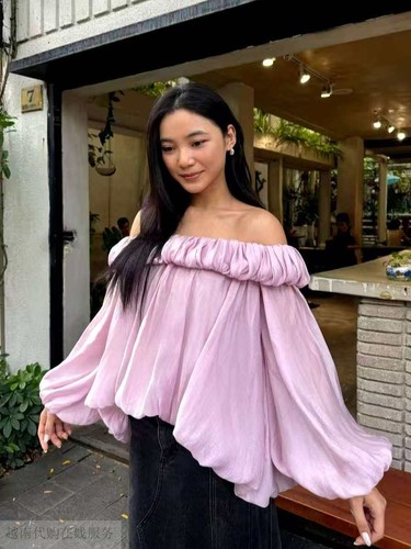 越十年越南小众ran新款法式复古优雅气质一字肩捆边上衣