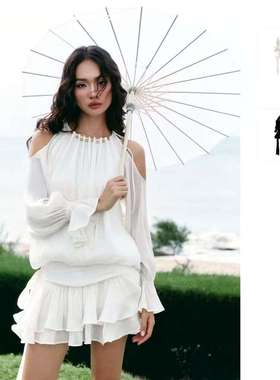 越十年越南小众somehow新款甜美可爱露肩荷叶边长袖衬衫连衣裙