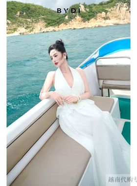 越十年越南小众Bydi新款高贵女神范时尚气质挂脖深V连衣裙