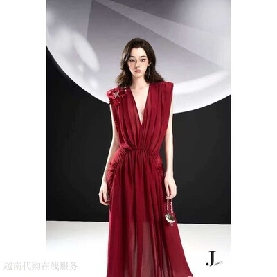 越十年越南小众jadeite新款优雅立体雪纺V领无袖连衣长裙
