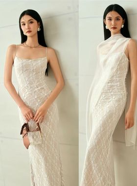 越十年越南小众hoivu甜美可爱少女风蕾丝吊带带披肩包臀连衣裙