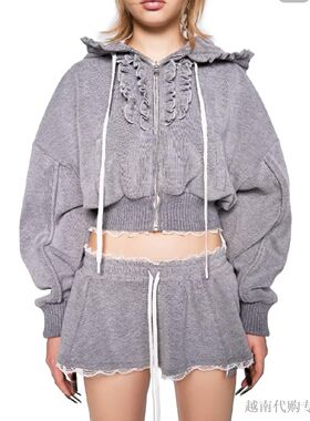 越十年越南小众品牌Lsoul新款性感辣妹连帽卫衣短裙套装