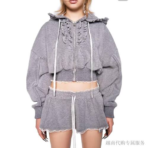 越十年越南小众品牌Lsoul新款性感辣妹连帽卫衣短裙套装