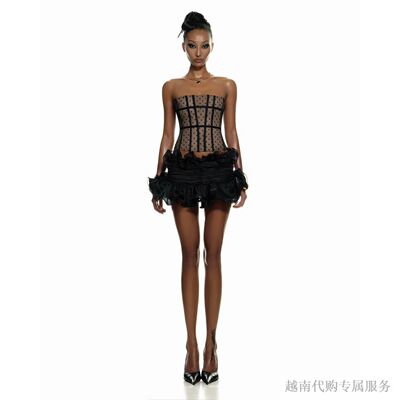 越十年越南小众ibiboss新款复古辣妹纯欲波点抹胸鱼骨小短裙套装