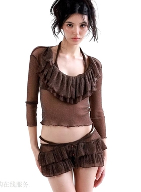 越十年越南小众powr新款法式复古简约时尚无袖镂空荷叶边短裙套装