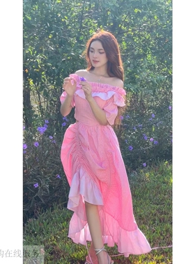 越十年越南小众resses新款甜美可爱格子一字肩荷叶边抽绳连衣长裙