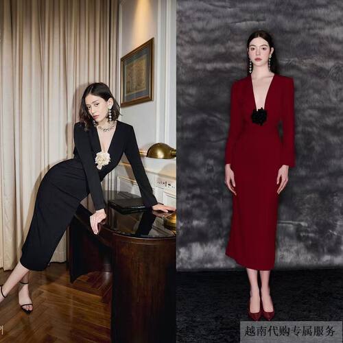 越十年越南小众品牌Xipi性感修身显瘦深V花朵长袖小礼服