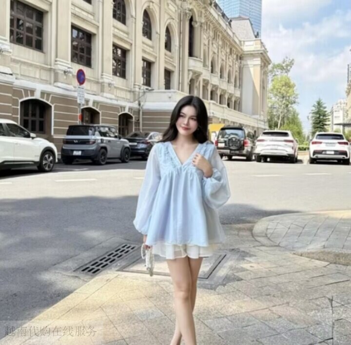 越十年越南小众Gout新款时尚甜美减龄V领娃娃领灯笼长袖宽松上衣